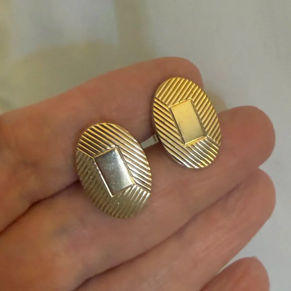 Vintage Goldtone Oval Cufflinks Textured Geometric Design